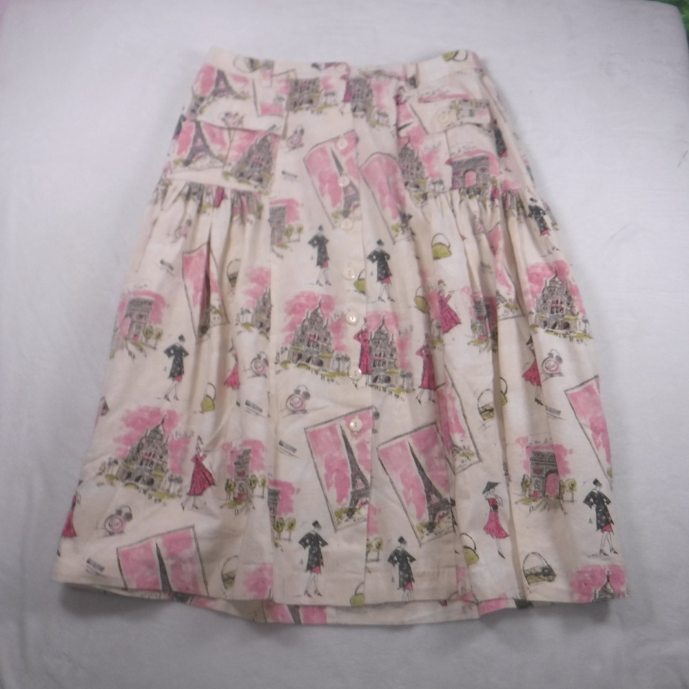 Vintage Paris Novelty Print Button Front Midi Skirt Pink White Eiffel Tower - Picture 10 of 11